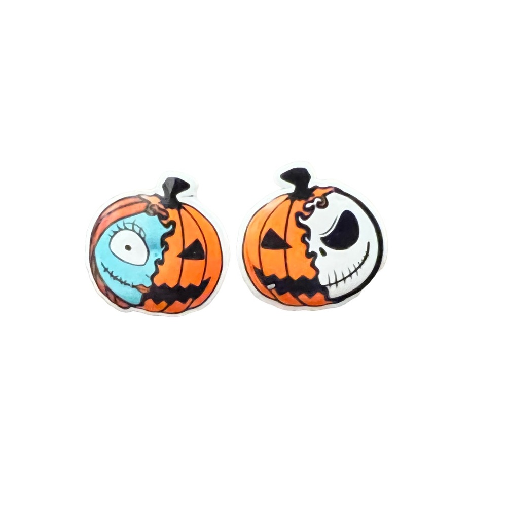 Jack and Sally, jack-o’-lantern, pumpkin stud earrings. New - Picture 9 of 11